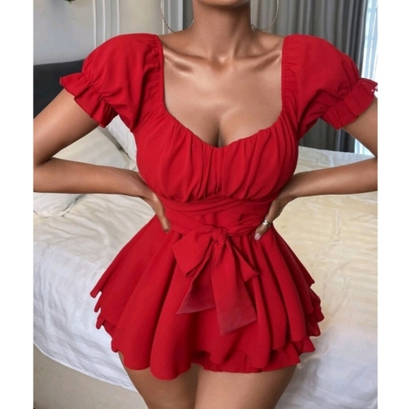 VIVA BOUTIQUE Pants - ⬇️Belted Sweetheart Neck Flounce Sleeve Romper